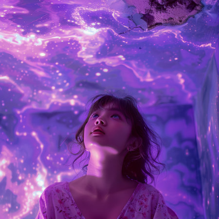 Portrait of a beautiful young woman in a surreal image of the universe.の素材