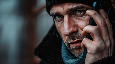 Portrait of a man in a coat and scarf talking on the phone