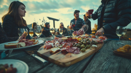 Group of friends having dinner on a wooden table. Selective focus.の素材
