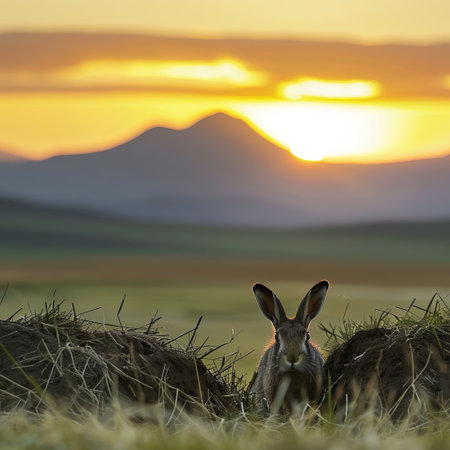 Rabbit in the meadow at sunset with mountains in the backgroundの素材
