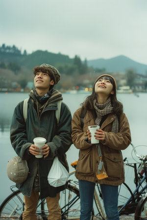 Young couple with bicycle and coffee cups on the lake in winter.の素材