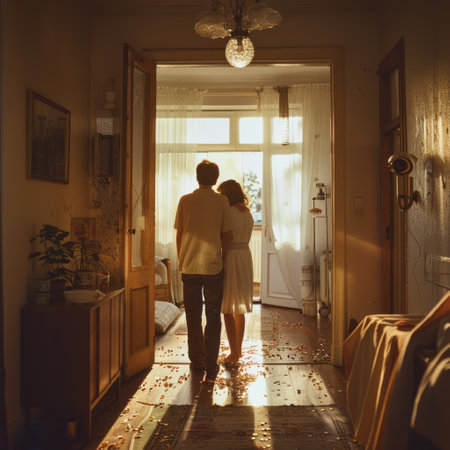 Young couple in love walking in the room at sunset. Back view.の素材