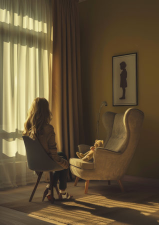 A young woman is sitting in a chair near the window and holding a toyの素材