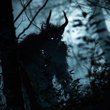 Silhouette of a demon with horns in the forest at nightの素材