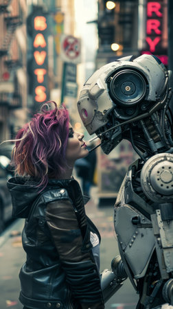 Beautiful young woman with pink hair and a robot in the cityの素材