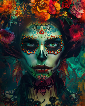 Portrait of a beautiful girl with sugar skull makeup over floral background. Halloween.の素材