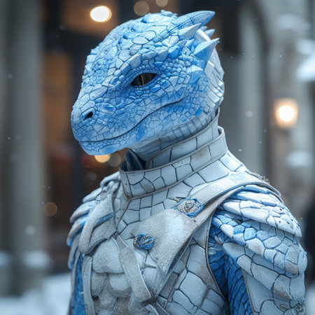 3d illustration of a blue fantasy dragon in a city street.の素材