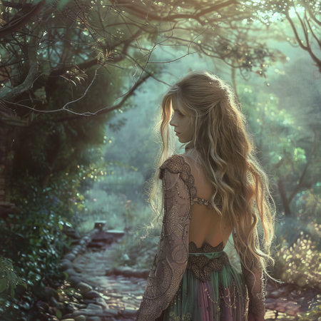 Beautiful girl in a green dress in the forest. Fantasy.の素材