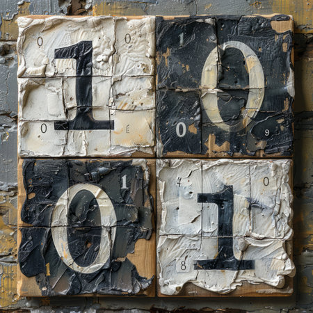 Old letterpress blocks with numbers 1, 2, 3 and 4の素材
