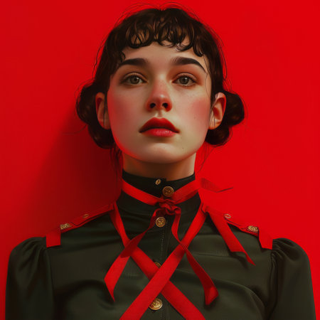 Portrait of a beautiful young woman with red ribbon on a red backgroundの素材