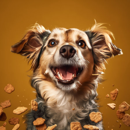 Funny dog with a lot of cookies on a yellow background.の素材