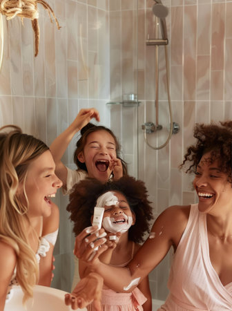 Cheerful friends laughing while having fun together in the bathroom. They are laughing and having funの素材