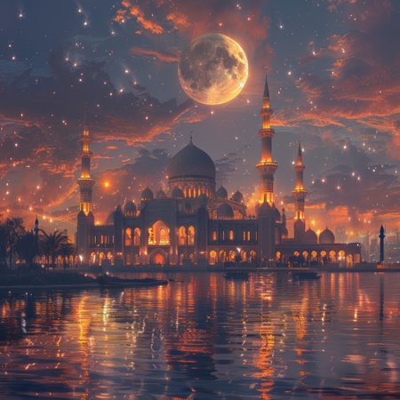 Fantasy landscape with mosque and full moon on the background of the night skyの素材