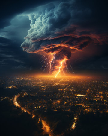 Thunderstorm over the city at night. 3D rendering. Illustration.の素材