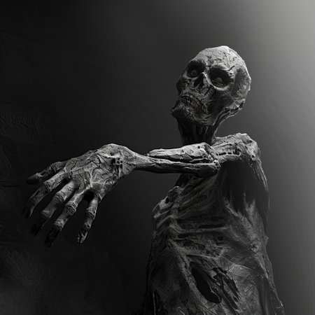 Black and white image of a scary zombie on a dark background.の素材