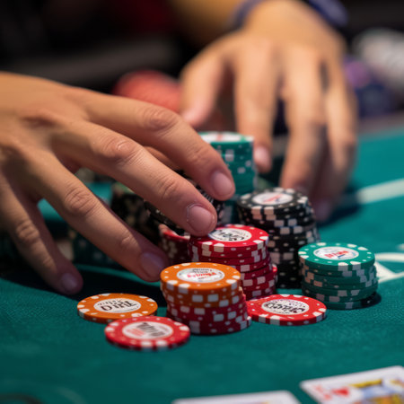 Close-up image of female hand playing texas hold'em pokerの素材
