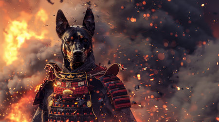 Furious black doberman dog in the fire with big eyes.の素材