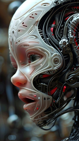 Close up of the face of a female robot in a shop windowの素材