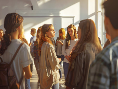 Group of young people in casual clothes discussing something while standing in corridor at universityの素材