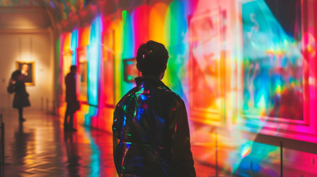 Young man in a bright neon light on the background of a colored wallの素材