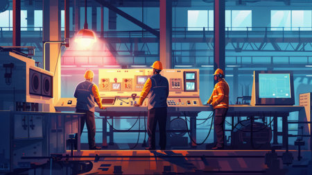 Industrial workers working in a factory. 3d rendering, 3d illustration.の素材