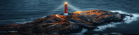 Lighthouse on a rock in the middle of the sea. 3d renderingの素材