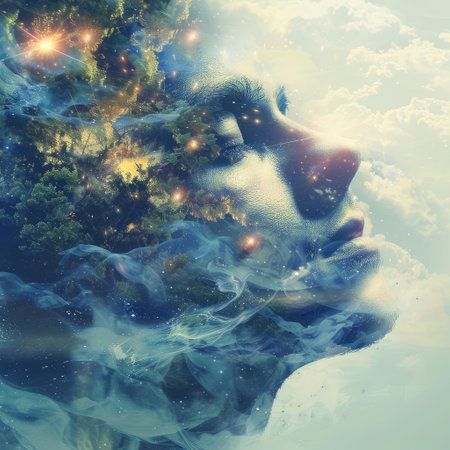 Double exposure of woman face and nature background. Elements of this image furnished by NASAの素材