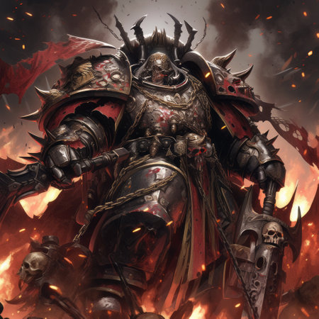 Fantasy illustration of a fantasy warrior in armor on fire background.の素材