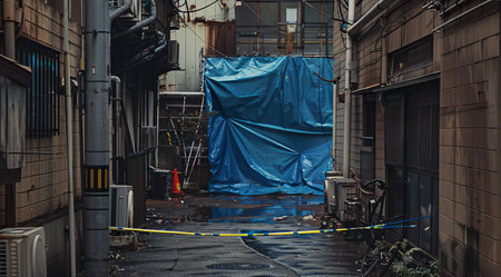 Road construction site with blue scaffolding on the street in Japan.の素材