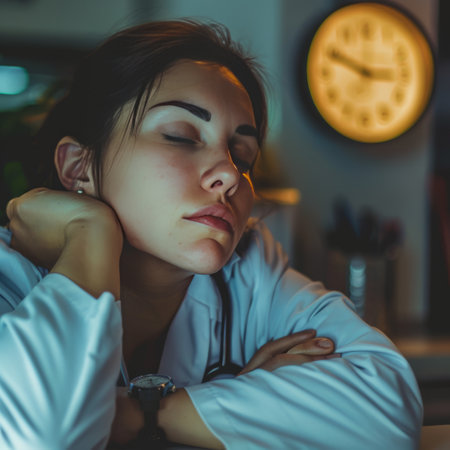 Young woman doctor sitting on the desk in the office at night.の素材