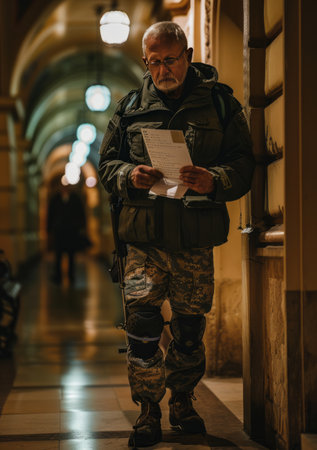 Portrait of a senior soldier in a train station. Selective focus.の素材