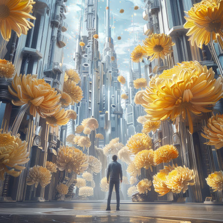 Man standing in front of a huge bunch of flowers. 3d renderingの素材