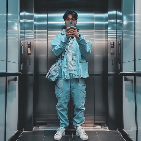 Handsome young man in medical suit using mobile phone while standing in elevatorの素材