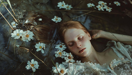 Beautiful young woman lying on the rocks with daisies.の素材