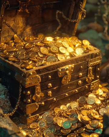 Treasure chest full of gold coins, vintage color tone, shallow depth of fieldの素材