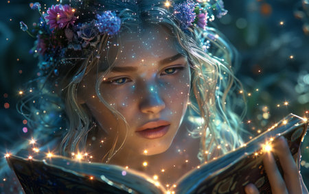 Fantasy portrait of a beautiful young woman reading a magic book. Fairy tale.の素材