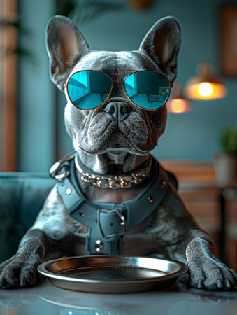 Funny french bulldog wearing sunglasses and sitting at the table.の素材