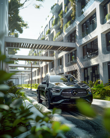 Closeup of black Porsche Cayenne in the streetの素材
