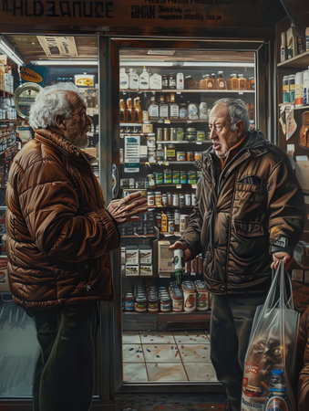 Two homeless men buying food in a drugstore. Poverty in Ukraine.の素材