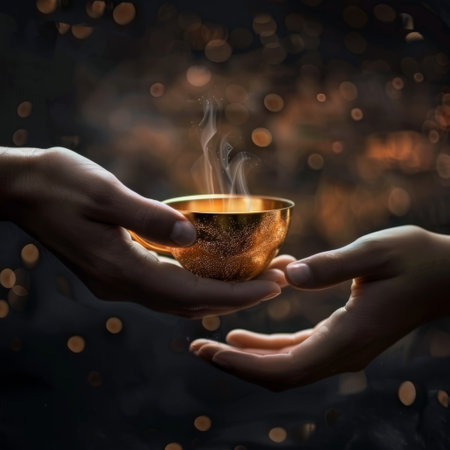 Two hands holding a cup of hot coffee over bokeh backgroundの素材