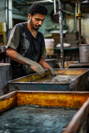 Chef in the process of making cheese at a cheese factory.の素材