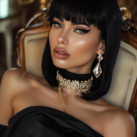 Fashion portrait of beautiful young brunette woman with evening make-up and gold jewelry.の素材