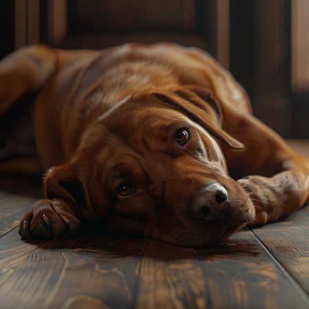 Labrador Retriever is lying on the wooden floor at homeの素材