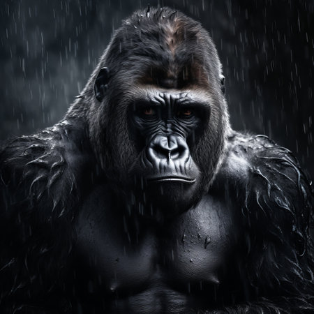 Portrait of a gorilla in a rain. Studio shot. Black background.の素材