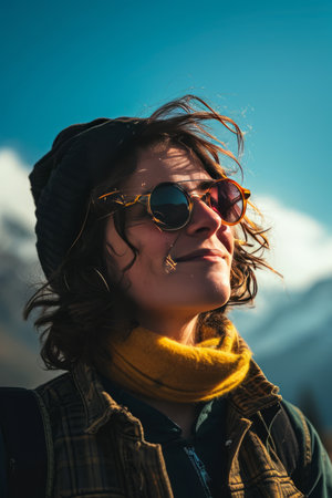 Portrait of a woman in a hat and sunglasses on a background of mountains.の素材