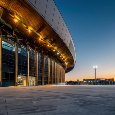 Empty square floor in front of modern office building at night, Moscow, Russiaの素材