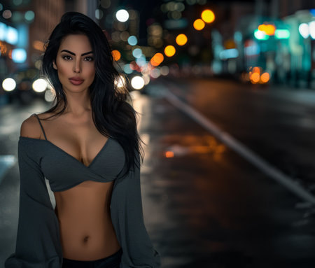 Sexy brunette woman in the city at night. Bokeh backgroundの素材