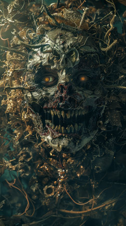 Halloween background. Scary zombie face close up. Horror film.の素材