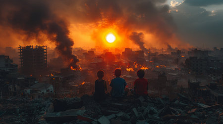 Aerial view of burning city at sunset. Pollution concept.の素材