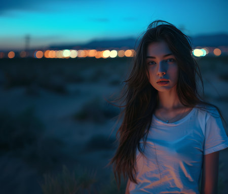 Portrait of a beautiful brunette girl with long hair at sunset.の素材